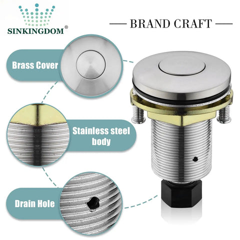Garbage Disposal Sink Top Air Switch Kit With Brushed Nickel Brass Button, sturdy brass button cover, stainless steel body close-up