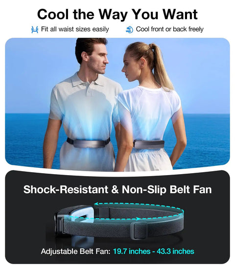 Two people wearing Ultra Light Waist Belt Fan for Full Body Cooling, Hands Free Portable Cooler, 360 Degree Breeze outdoors.