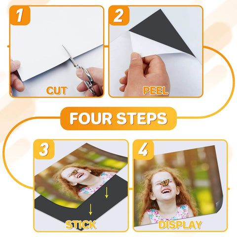 Steps showing how to use Flexible Magnetic Sheets With Adhesive Backing For DIY Crafts 4x6 Inches Self Adhesive Magnet Paper Cut To Fit.