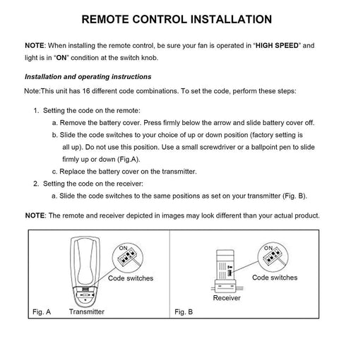 Three Speed Ceiling Fan Remote Control Kit Universal Replacement for 110V Fans With Lights installation guide with code switches