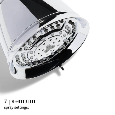 Close-up of Adjustable Chrome Shower Head With Chlorine Filter And Mineral Water Filtration Copper Zinc Calcium Mineral Blend Reduces Free Chlorine And Hydrogen Sulfide Say Goodbye To Chlorine Smell Seven Spray Settings Anti Scaling No More Rusty Water showcasing spray settings.