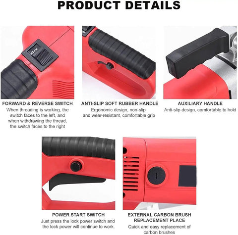 Detailed view of Heavy Duty Electric Pipe Cutter And Threader Kit controls, including forward/reverse switch and anti-slip handles.