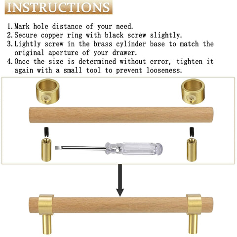 Assembly instructions for Natural Wood Kitchen Cabinet Handles 2 To 5 Inch 4 Piece Set Center To Center Adjustable Double Hole Euro Scandi Modern Dresser Knob Unfinished DIY Drawer Pull With Brushed Brass Base