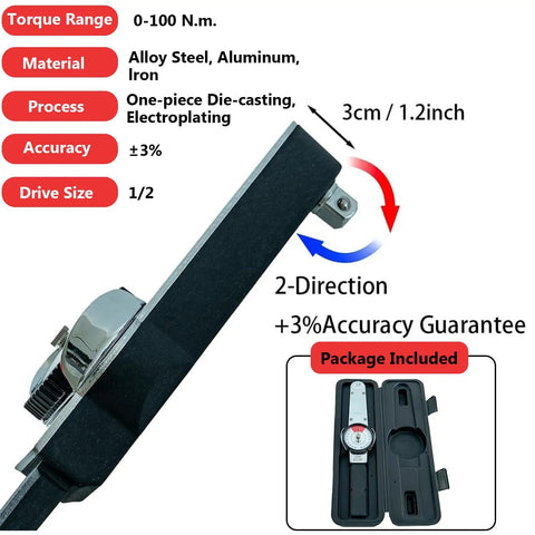 0-100 Nm Dial Indicator Torque Wrench For Accurate Torque Testing Indicating Torquemeter Precision TLB Tool With Adjustable Zero Handy Wrench Design For DIYers And Pros, 1/2 drive