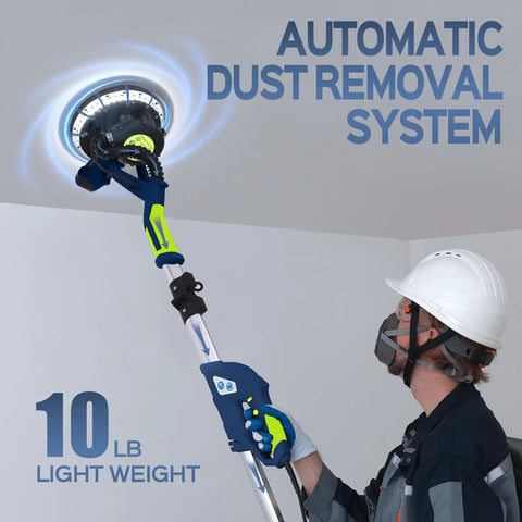 Person using Drywall Sander With 8 Amp Copper Motor, Heavy Duty Pro Grade DIY Tool For Popcorn Ceiling Removal against ceiling