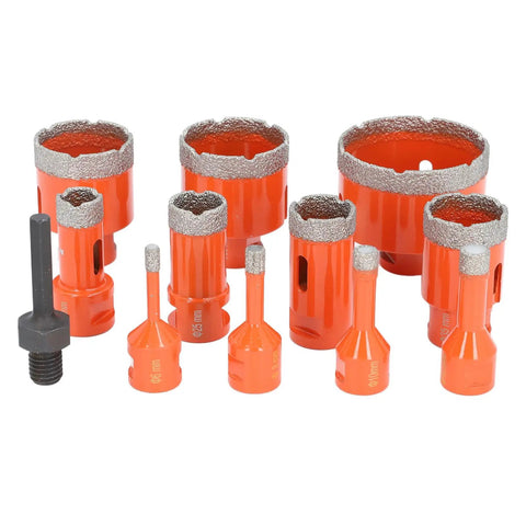 Cool Diamond Hole Saw Kit With 11 Pieces For Drilling Ceramic Tiles, Marble Granite Porcelain Stone And Glass Plus M14 Thread Vacuum Brazed Bits In 6 To 68mm Sizes That Get The Job Done Fast. orange diamond hole saw set with M14 thread and multiple sizes