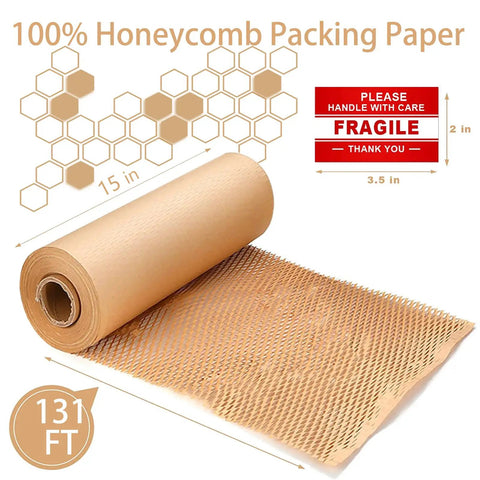 Eco Friendly Honeycomb Packing Paper Wrap 15 Inch By 131 Foot Roll With 20 Fragile Stickers Natural Kraft Brown Biodegradable