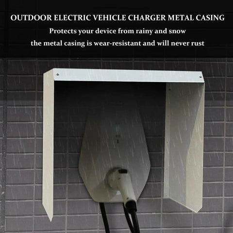 Universal EV Charger Cover With Wall Mount Hardshell Enclosure And Sloping Waterproof Canopy protecting a charger in the rain.