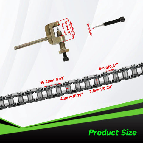 T8F 134 Link Drive Chain Replacement For 50cc 47cc 49cc Dirt Bikes And Mini ATVs with chain breaker and product dimensions