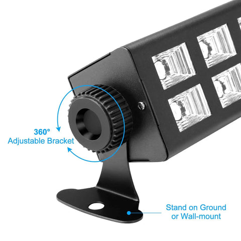 Ultra Bright 54W 18 LED UV Black Light Bar With Remote Control angle view with adjustable bracket and mounting options