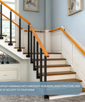 Top Shelf Adjustable Wooden Stair Railing Handrail Kit For Indoor Outdoor Use With Heavy Duty Wrought Iron Corner Brackets And Weatherproof Supports Slick Quick Setup with solid wood handrails and wrought iron rods.