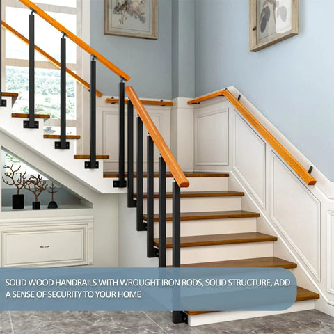 Top Shelf Adjustable Wooden Stair Railing Handrail Kit For Indoor Outdoor Use With Heavy Duty Wrought Iron Corner Brackets And Weatherproof Supports Slick Quick Setup with solid wood handrails and wrought iron rods.