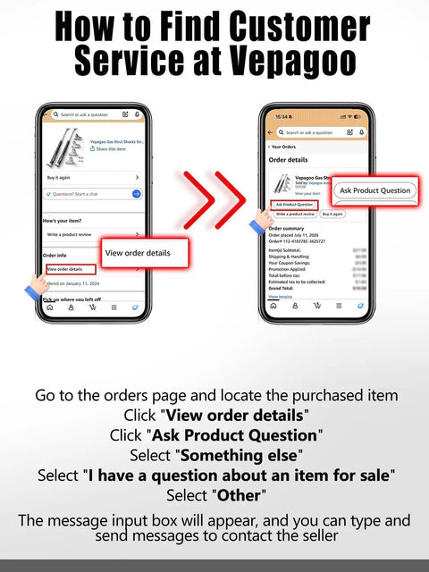 How to find customer service at Vepagoo using mobile order details and product question options.