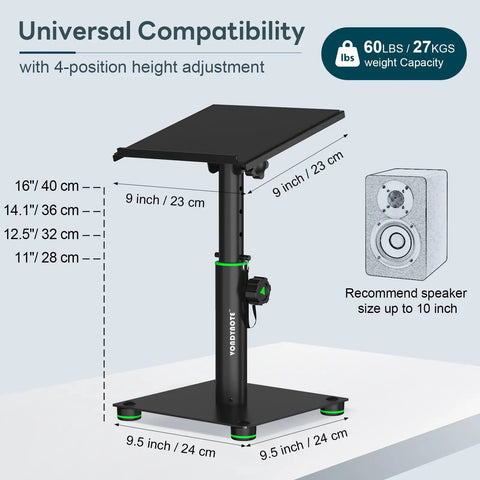 Desktop Speaker Stands Pair For Studio Monitors With 12 Degree Tilt Rock Solid Height Adjustable From 11 To 16 Inches Heavy Duty Metal Stands For Studio Monitors Laptops Or Projectors shown with height dimensions and weight capacity.