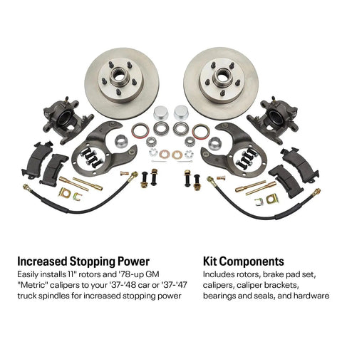 Front Disc Brake Conversion Kit For 1937 1948 Ford Cars And 1937 1947 Ford Pickups With Spindle 11 Inch Rotors GM Style Calipers Semi Metallic Pads For Quick Install, includes rotors, calipers, pads, and hardware