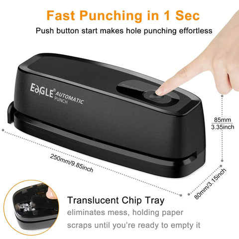 Electric 3 Hole Paper Punch Desktop No Sweat No Fuss 20 Sheet Capacity AC Or Battery Operated, hand pushing button