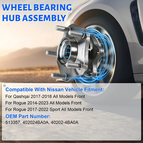 Front Wheel Bearing Hub Assembly 5 Lug Replacement For Nissan Rogue 2014 To 2023 Front Axle Fits Qashqai and Rogue Sport