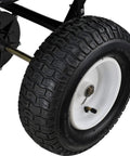 Close-up of the 13 inch pneumatic tire on the Walk Behind Universal Spreader With 100 Lb Capacity For Seed Fertilizer Salt Ice Melt