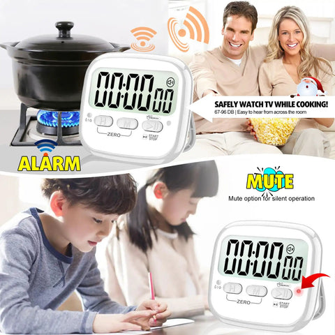 2-Pack Magnetic Kitchen Timers Digital Countdown Stopwatch For Cooking Classroom Office Gym And Kids Activities With Magnetic Backing Battery Included Grab And Go 24 Hour Timer Easy To Use, featuring timer by stove and kids using timer.