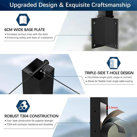 Upgraded Rock Solid Black Stainless Steel Outer Corner Cable Railing Post for 36 Inch Exterior Deck Systems T304 construction details.