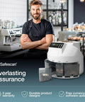 Barista standing beside Fast USD Coin Counter And Sorter That Quickly Value Counts Mixed Denominations And Sorts By Denomination Continuous Money Counting Machine For Efficient Cash Handling In Busy Shops And Till Rooms.