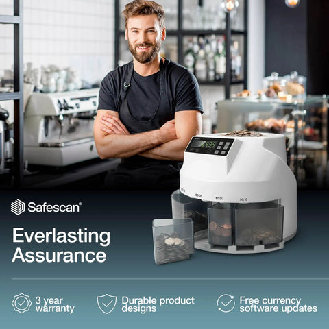 Barista standing beside Fast USD Coin Counter And Sorter That Quickly Value Counts Mixed Denominations And Sorts By Denomination Continuous Money Counting Machine For Efficient Cash Handling In Busy Shops And Till Rooms.