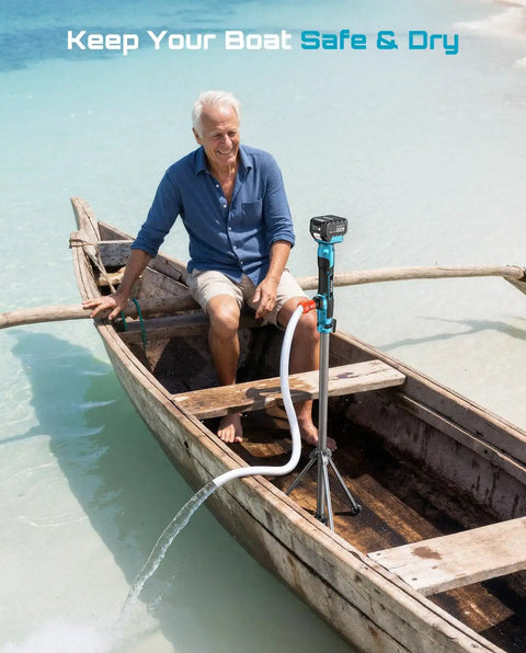 Man using Cordless Stick Water Transfer Pump With Tripod Stand Hands Free in a boat, demonstrating portable electric sump pump use.
