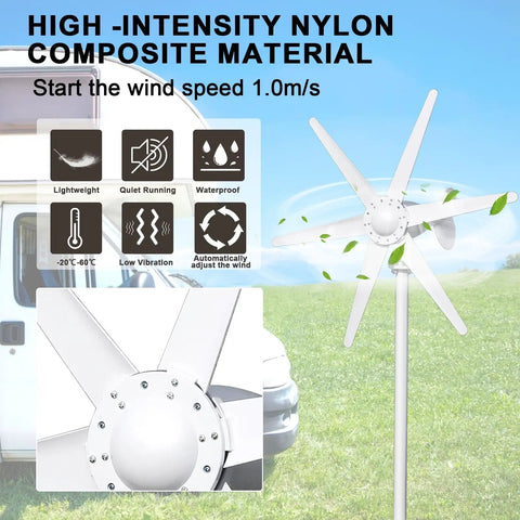 800W Wind Turbine Generator Kit With 12V 24V Output, 6 blade windmill in field with RV, showcasing durability and features.