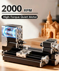 Close-up of Mini Benchtop Wood Lathe Machine 20000 RPM Precision Turning Tool for STEM and DIY, featuring quiet motor.