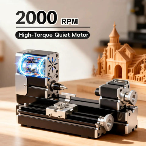 Close-up of Mini Benchtop Wood Lathe Machine 20000 RPM Precision Turning Tool for STEM and DIY, featuring quiet motor.