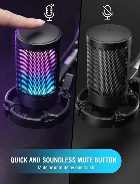 AmpliGame USB Gaming Microphone For PC And PS5 With Quick Mute RGB Indicator showing illuminated and muted states