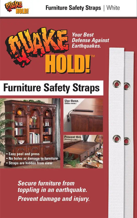 Beefy Heavy Duty Furniture Straps Kit For Earthquake Safety And Disaster Prep Keeps Top Heavy Cabinets And Entertainment Centers From Tip Over For RVs And Homes Easy To Install White packaging with safety features.