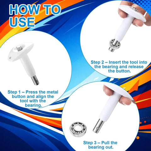 Multifunction Skate Tool Kit showing step-by-step use with bearing puller, instructions for skateboards and roller skates maintenance.