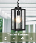 Slick Modern Outdoor Pendant Light in matte black finish, weather-resistant hanging lantern for front porch, with clear glass panels.