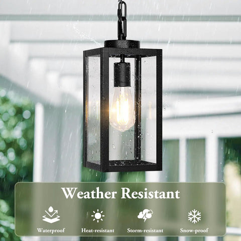 Slick Modern Outdoor Pendant Light in matte black finish, weather-resistant hanging lantern for front porch, with clear glass panels.