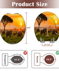 Round Sunset Toilet Seat dimensions shown with a scenic sunset design featuring elephants, measuring 16.5 inches.