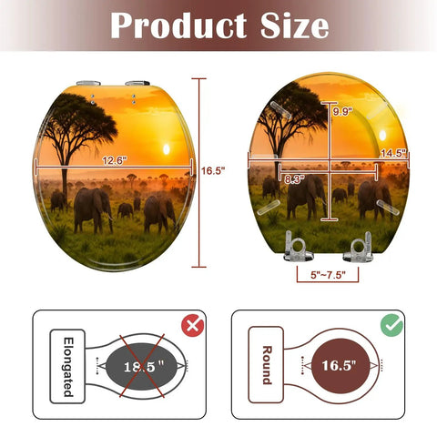 Round Sunset Toilet Seat dimensions shown with a scenic sunset design featuring elephants, measuring 16.5 inches.