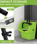 Triple Pack Super Sized Commercial Broom And Dustpan Set With Extra Long Handle rigged for compact storage in dustpan.