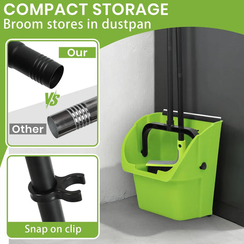 Triple Pack Super Sized Commercial Broom And Dustpan Set With Extra Long Handle rigged for compact storage in dustpan.