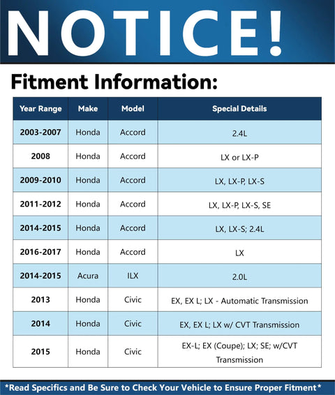 Fitment chart for Front Brake Kit For Honda Accord Civic Element CR V ILX with model years and specifications details.