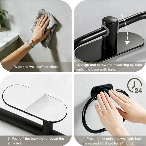Installation steps for Self Adhesive Towel Ring Matte Black Stainless Steel Rustproof Wall Mounted Bathroom Towel Holder SUS 304 Durable