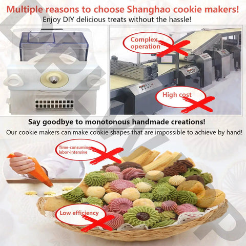 Diagram highlighting benefits of the Automatic Cookie Making Machine 180W With Powerful Motor And 50 To 60 RPM, including ease of use.