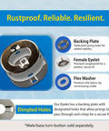 Close-up of Heavy Duty Marine Twist Fasteners And Turn Button Eyelets With Long Prongs backing plate and female eyelet.