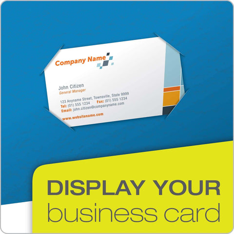 Business card holder on blue folder displaying business card with placeholder text and colorful design.