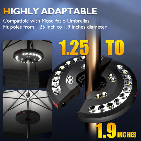 Rechargeable Patio Umbrella Lights With 28 LEDs For Ambient Glow 3 Brightness Modes Cordless Outdoor Lighting installation