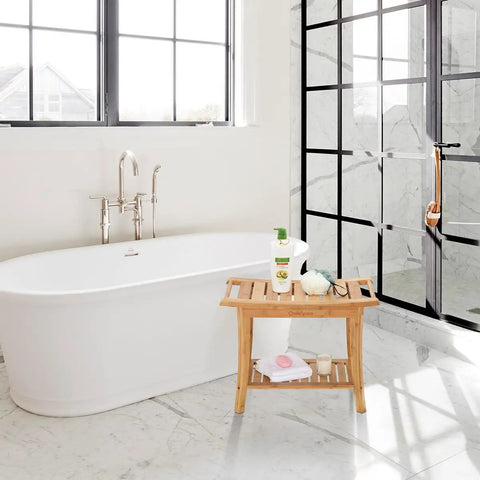 Must Have 100 Percent Bamboo Shower Bench With Storage Shelf, 24 Inch Waterproof Shower Chair next to bathtub.
