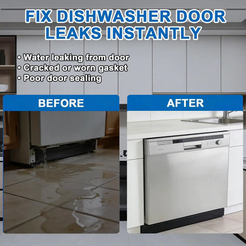 Before and after image of dishwasher showing effect of Dishwasher Door Gasket Seal Replacement For Whirlpool Maytag KitchenAid Kenmore Amana.