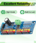 16 Channel PCA9685 PWM Servo Driver Board I2C Module For Arduino And Raspberry Pi with components and text 'Excellent Reliability'