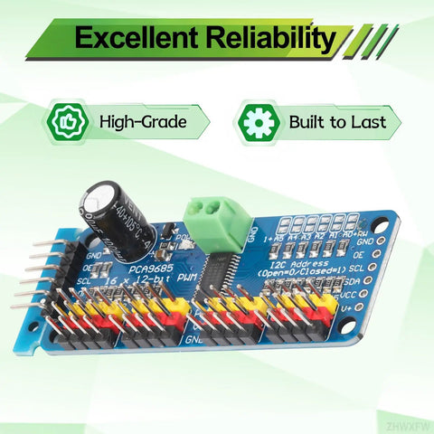 16 Channel PCA9685 PWM Servo Driver Board I2C Module For Arduino And Raspberry Pi with components and text 'Excellent Reliability'
