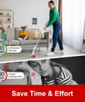 Woman using Cordless Electric Spin Scrubber With 6 Replaceable Brush Heads And Adjustable Extension Handle for cleaning floor